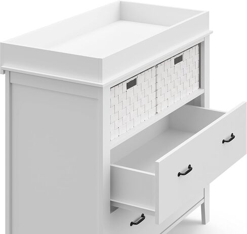 خزانة طاولة تغيير درجين من Storkcraft Forrest مع سلال، غطاء تغيير مرفق يناسب وسادة تغيير الحجم القياسي، درجين ورفين مفتوحين، أبيض in Kuwait