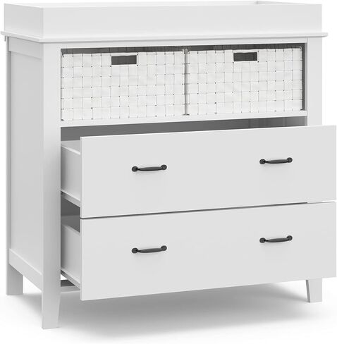 خزانة طاولة تغيير درجين من Storkcraft Forrest مع سلال، غطاء تغيير مرفق يناسب وسادة تغيير الحجم القياسي، درجين ورفين مفتوحين، أبيض in Kuwait