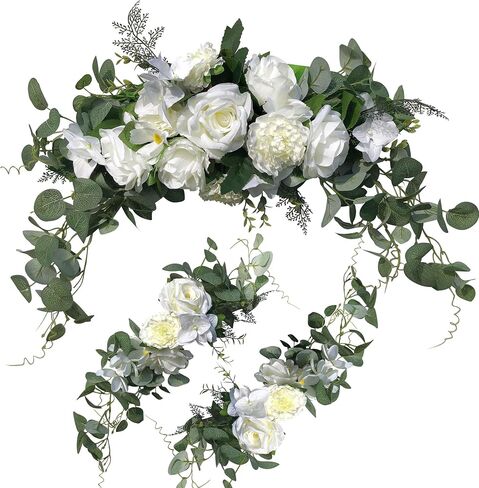 Wedding Arch Flowers,3Pcs Set White Rose Decorative Floral Swags, Artificial Greenery Eucalyptus Leaves Flower For Sheer Drapes, Wedding Chair, Arbor, Wedding Ceremony and Reception Arrangement in Kuwait