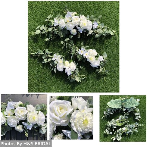 Wedding Arch Flowers,3Pcs Set White Rose Decorative Floral Swags, Artificial Greenery Eucalyptus Leaves Flower For Sheer Drapes, Wedding Chair, Arbor, Wedding Ceremony and Reception Arrangement in Kuwait