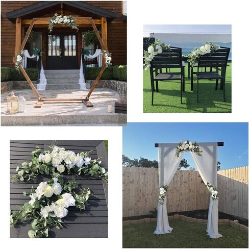 Wedding Arch Flowers,3Pcs Set White Rose Decorative Floral Swags, Artificial Greenery Eucalyptus Leaves Flower For Sheer Drapes, Wedding Chair, Arbor, Wedding Ceremony and Reception Arrangement in Kuwait