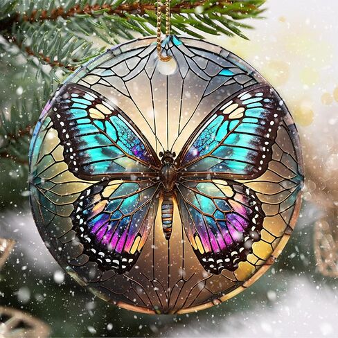 Touber Stained Ceramic Butterfly Ornament - Butterfly Christmas Ornaments - Christmas Tree Ornaments - Christmas Decorations - Butterfly Decor for Office, Room, Home - Holiday Present Ideas - A in Kuwait
