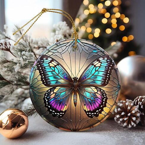 Touber Stained Ceramic Butterfly Ornament - Butterfly Christmas Ornaments - Christmas Tree Ornaments - Christmas Decorations - Butterfly Decor for Office, Room, Home - Holiday Present Ideas - A in Kuwait