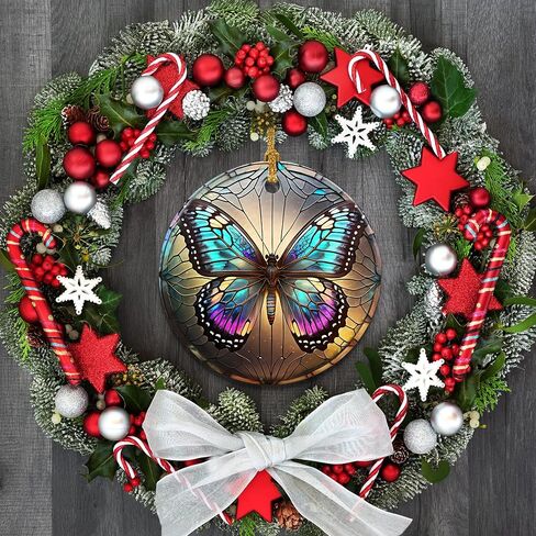 Touber Stained Ceramic Butterfly Ornament - Butterfly Christmas Ornaments - Christmas Tree Ornaments - Christmas Decorations - Butterfly Decor for Office, Room, Home - Holiday Present Ideas - A in Kuwait