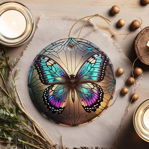 Touber Stained Ceramic Butterfly Ornament - Butterfly Christmas Ornaments - Christmas Tree Ornaments - Christmas Decorations - Butterfly Decor for Office, Room, Home - Holiday Present Ideas - A in Kuwait