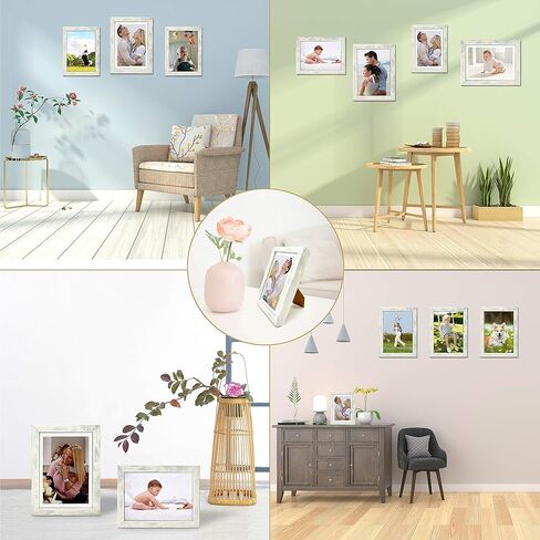 إطارات صور Alkerman مقاس 5x7 (عبوة من قطعتين)، عرض الصور 4x6 مع حصيرة أو 5x7 بدون حصيرة، نمط خشبي أبيض ريفي زجاج عالي الوضوح لعرض سطح الطاولة وإطار صور مثبت على الحائط in Kuwait