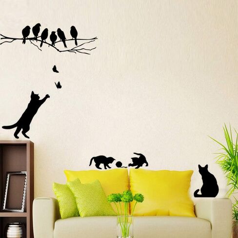 2 Sets Wall Decor Stickers, Black Cat and Tree Branches Birds Wall Art Decals, DIY Wallpaper Mural Home Decoration for Living Room, Bedroom, Farmhouse Decor in Kuwait