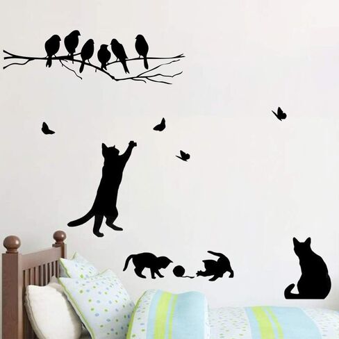 2 Sets Wall Decor Stickers, Black Cat and Tree Branches Birds Wall Art Decals, DIY Wallpaper Mural Home Decoration for Living Room, Bedroom, Farmhouse Decor in Kuwait