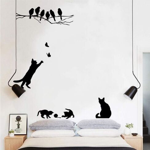 2 Sets Wall Decor Stickers, Black Cat and Tree Branches Birds Wall Art Decals, DIY Wallpaper Mural Home Decoration for Living Room, Bedroom, Farmhouse Decor in Kuwait