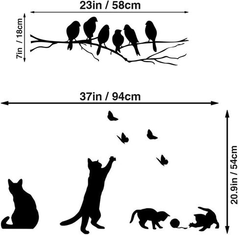 2 Sets Wall Decor Stickers, Black Cat and Tree Branches Birds Wall Art Decals, DIY Wallpaper Mural Home Decoration for Living Room, Bedroom, Farmhouse Decor in Kuwait