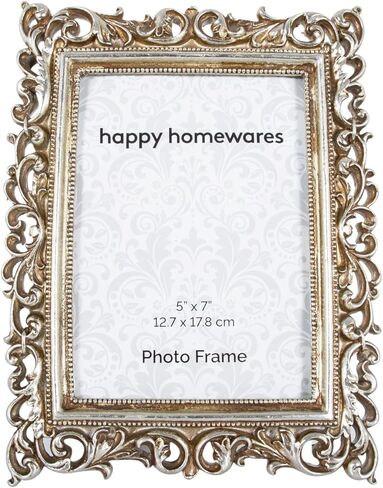 هابي هوم ويرز اطار صورة عتيق ومزخرف بلونين فضي لامع وذهبي ريفي 5×7 من الراتنج مع ديكور زهور | بورتريه او منظر طبيعي in Kuwait