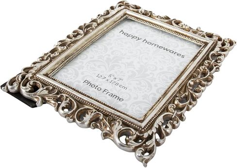 هابي هوم ويرز اطار صورة عتيق ومزخرف بلونين فضي لامع وذهبي ريفي 5×7 من الراتنج مع ديكور زهور | بورتريه او منظر طبيعي in Kuwait