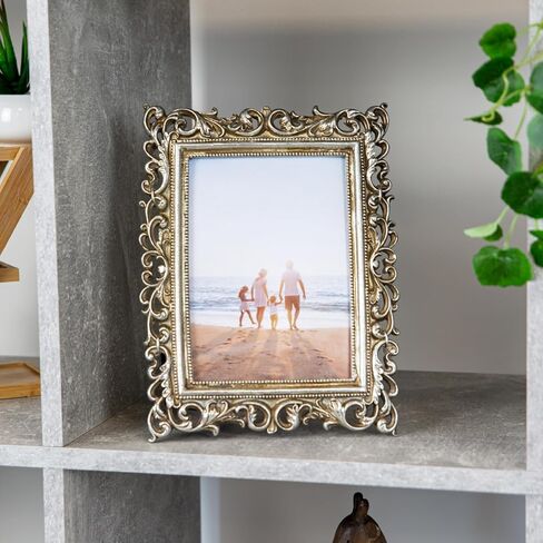 هابي هوم ويرز اطار صورة عتيق ومزخرف بلونين فضي لامع وذهبي ريفي 5×7 من الراتنج مع ديكور زهور | بورتريه او منظر طبيعي in Kuwait