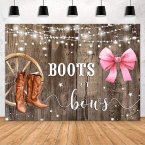 MEHOFOND 7x5ft Boots or Bows Gender Reveal Backdrop Boys or Girls Baby Shower Banner Party Decoration Rustic Wood White Cowboy Boots Pink Bows Photography Background Cake Take Banner Photo