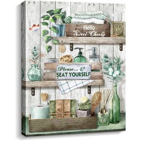 ARTINME Farmhouse Bathroom Decor Wall Art Rustic Green Funny Bathroom Pictures Canvas Sign Artwork Home Decor for Bathroom Framed Ready to Hang 11x14 inch