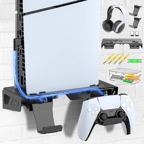 PS5 Slim Wall Mount Kit with Charging, PS5 Controller Charger, Floating Shelf Wall Mount Vertical Stand for PS5 Slim, PS5 Wall Mount Accessories with Controller Holder, PS5 Wall Mount Kit Behind TV in Kuwait