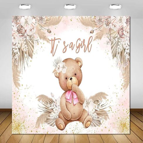 Avezano Boho Bear خلفية استحمام الطفل لديكورات حفلات الفتيات الوردية Pampas Grass It's a Girl Baby Shower Photography خلفية البوهيمي الدب الطفل دش الزينة التقطت الصور (7x5ft) in Saudi Arabia