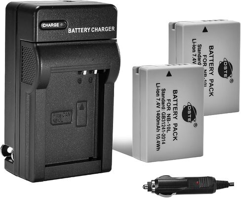 بطارية DSTE قطعتان NB-10L + محول شاحن سيارة وسفر DC123 متوافق مع كاميرا Canon PowerShot G1 X G3 X G15 G16 SX40 SX50 SX60 HS الرقمية مثل NB10L in Saudi Arabia