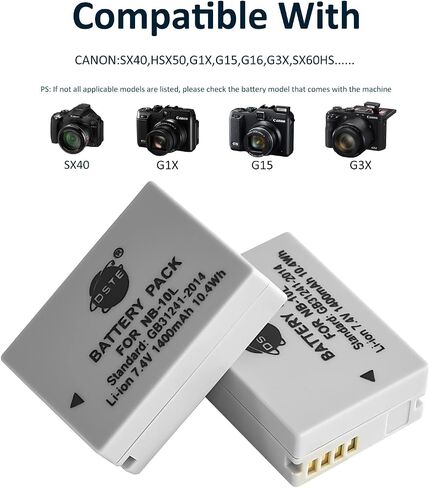 بطارية DSTE قطعتان NB-10L + محول شاحن سيارة وسفر DC123 متوافق مع كاميرا Canon PowerShot G1 X G3 X G15 G16 SX40 SX50 SX60 HS الرقمية مثل NB10L in Saudi Arabia