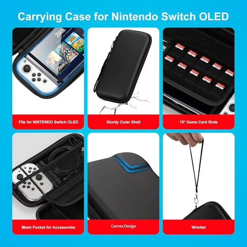 حافظة سويتش لجهاز نينتندو سويتش OLED، حقيبة تخزين مع فتحات بطاقة الألعاب 10 في 1 مجموعة ملحقات مع غطاء واقي لوحدة التحكم Joy-Con، مقابض إبهام التبديل، واقي الشاشة، حامل التبديل in Kuwait
