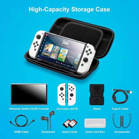 حافظة سويتش لجهاز نينتندو سويتش OLED، حقيبة تخزين مع فتحات بطاقة الألعاب 10 في 1 مجموعة ملحقات مع غطاء واقي لوحدة التحكم Joy-Con، مقابض إبهام التبديل، واقي الشاشة، حامل التبديل in Kuwait