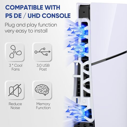 Cooling Fan for PS5 Slim with LED Light,Adjustable 3 Speed,USB 3.0 Port | Silent Enhanced Cooling Fan Compatible with PS5 Slim Disc & Digital in Saudi Arabia