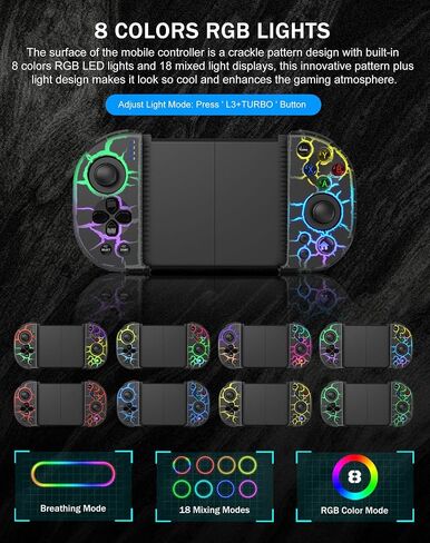 Joso Phone Controller for iPhone, Android, wireless Game Joystick with Hall Effect Joystick/Turbo, RGB Controller for iPhone 16/15/14/13/12 Series, Galaxy S24/23/S22/S21 Series Play COD Mobile & More in Kuwait