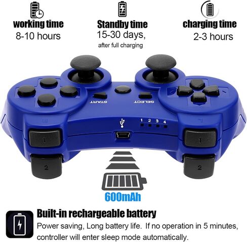 وحدة تحكم Ceozon PS3، 2 وحدة تحكم بلاي ستيشن 3 لاسلكية مع تحكم مزدوج بالاهتزاز بستة محاور مع كابلات شحن أسود + أزرق in Kuwait