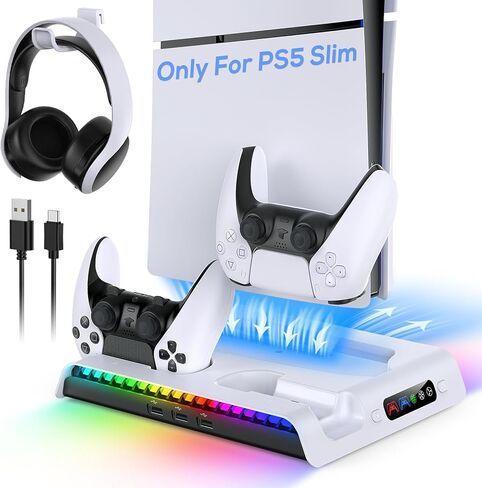 حامل تبريد KOVA لجهاز PS5 Slim فقط مع ضوء LED، ومحطة شحن لجهاز PS5 DualSense/Edge Controller مع 3 محاور USB وخطاف سماعة رأس، وملحقات تبريد لقرص Playstation 5 Slim ووحدة التحكم الرقمية in Saudi Arabia