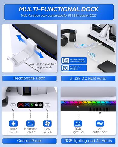 حامل تبريد KOVA لجهاز PS5 Slim فقط مع ضوء LED، ومحطة شحن لجهاز PS5 DualSense/Edge Controller مع 3 محاور USB وخطاف سماعة رأس، وملحقات تبريد لقرص Playstation 5 Slim ووحدة التحكم الرقمية in Saudi Arabia