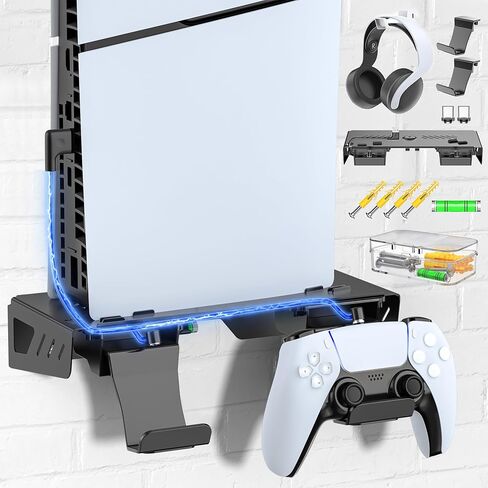 PS5 Slim Wall Mount Kit with Charging, PS5 Controller Charger, Floating Shelf Wall Mount Vertical Stand for PS5 Slim, PS5 Wall Mount Accessories with Controller Holder, PS5 Wall Mount Kit Behind TV in Kuwait