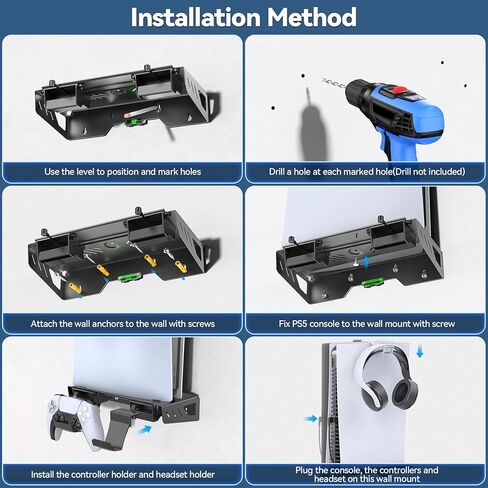 PS5 Slim Wall Mount Kit with Charging, PS5 Controller Charger, Floating Shelf Wall Mount Vertical Stand for PS5 Slim, PS5 Wall Mount Accessories with Controller Holder, PS5 Wall Mount Kit Behind TV in Kuwait