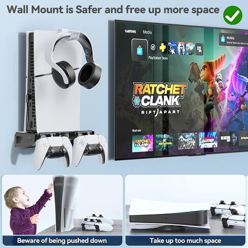 PS5 Slim Wall Mount Kit with Charging, PS5 Controller Charger, Floating Shelf Wall Mount Vertical Stand for PS5 Slim, PS5 Wall Mount Accessories with Controller Holder, PS5 Wall Mount Kit Behind TV in Kuwait