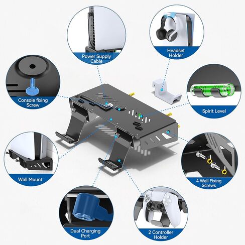 PS5 Slim Wall Mount Kit with Charging, PS5 Controller Charger, Floating Shelf Wall Mount Vertical Stand for PS5 Slim, PS5 Wall Mount Accessories with Controller Holder, PS5 Wall Mount Kit Behind TV in Kuwait