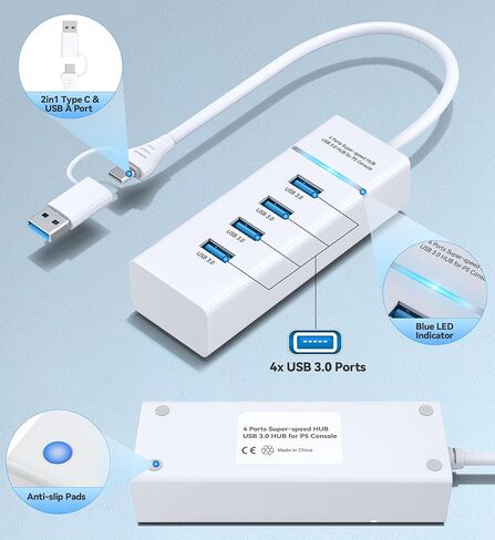 موزع USB لجهاز PS5، موزع USB 3.0 ذو 4 منافذ، محور شحن USB عالي السرعة لوحدة التحكم PS5 النحيفة، موسع منفذ USB PS5، محور USB C إلى USB 3.0 مع كابل ممتد بطول 0.66 قدم in Kuwait