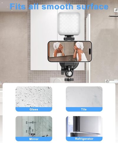 حامل هاتف على شكل كأس شفط من هيركلير مع ضوء، حامل هاتف دش مرآة لأساسيات صانع محتوى المكياج، حامل ثلاثي مرآة مع ضوء لمطبخ الحمام متوافق مع جميع الأسطح الملساء in Kuwait