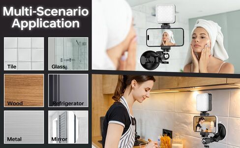 حامل هاتف على شكل كأس شفط من هيركلير مع ضوء، حامل هاتف دش مرآة لأساسيات صانع محتوى المكياج، حامل ثلاثي مرآة مع ضوء لمطبخ الحمام متوافق مع جميع الأسطح الملساء in Kuwait