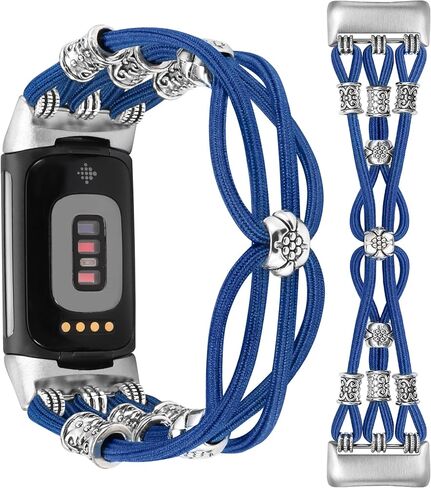 TOYOUTHS Beaded Bracelet Band Compatible with Fitbit Charge 6 Bands/Fitbit Charge 5 Bands Women, Boho Soft Elastic Stretchy Nylon Braided Strap Fancy Charms Designer Breathable Sport Wristband in Kuwait