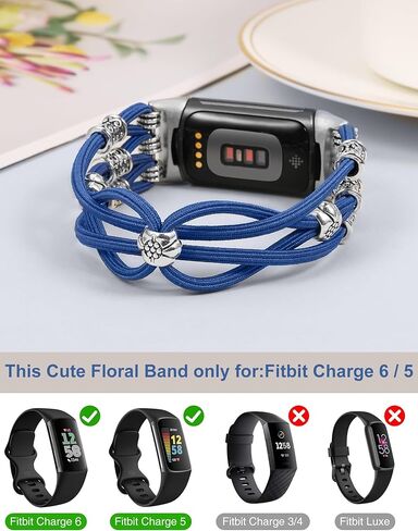 TOYOUTHS Beaded Bracelet Band Compatible with Fitbit Charge 6 Bands/Fitbit Charge 5 Bands Women, Boho Soft Elastic Stretchy Nylon Braided Strap Fancy Charms Designer Breathable Sport Wristband in Kuwait