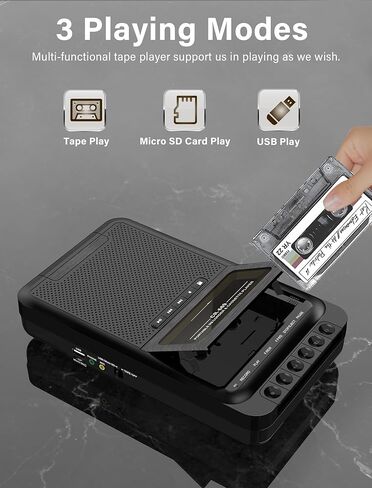 محول مسجل مشغل كاسيت محمول، سجل إلى أشرطة الكاسيت/USB/بطاقة SD عبر الميكروفون، كاسيت إلى موسيقى MP3 عبر قرص U/بطاقة SD أو الكمبيوتر الشخصي، مشغل شريط كاسيت بمقبض قابل للسحب، مقبس سماعة الرأس in Kuwait