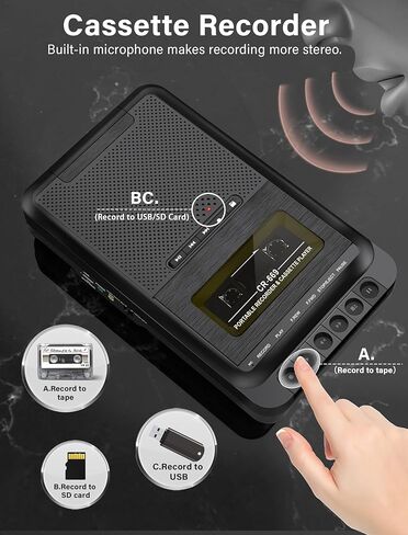 محول مسجل مشغل كاسيت محمول، سجل إلى أشرطة الكاسيت/USB/بطاقة SD عبر الميكروفون، كاسيت إلى موسيقى MP3 عبر قرص U/بطاقة SD أو الكمبيوتر الشخصي، مشغل شريط كاسيت بمقبض قابل للسحب، مقبس سماعة الرأس in Kuwait