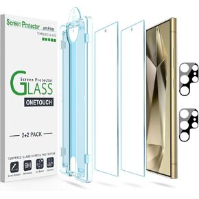amFilm Auto-Alignment OneTouch for Samsung Galaxy S24 Ultra Screen Protector 6.8'' + Camera Lens Protector, Tempered Glass, 30 seconds Installation, Bubble Free, Case Friendly, Anti-Scratch [2+2 Pack]