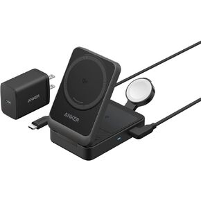 محطة شحن Anker MagGo 3 في 1، حامل شاحن لاسلكي متوافق مع MagSafe بقدرة 15 وات معتمد من Qi2، شاحن ساعة Apple لـ MagSafe، لهاتف iPhone 15/14، AirPods، Apple Watch 9 (يتضمن شاحن USB-C 40 وات)