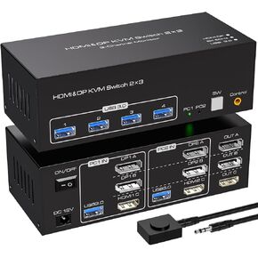 8K @ 60 هرتز HDMI + 2 Displayport KVM Switch 3 شاشات 2 كمبيوتر 4K @ 120 هرتز USB 3.0 DP KVM Swtiches شاشة ثلاثية 2 منفذ لجهازي كمبيوتر مشاركة 1 مجموعة من طابعة لوحة المفاتيح والماوس والقرص الصلب وما إلى ذلك يدعم الوضع الممتد in Kuwait