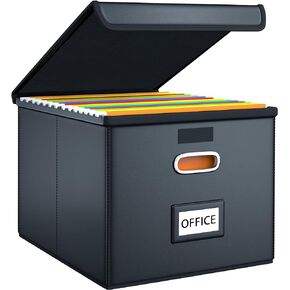 Huolewa Upgraded Portable File Organizer Box, Large Linen Hanging Office Document Storage Box with Lid - Black, Collapsible Filing & Storage Boxes for Office/Decor/Home - 14.9 x 12.59 x 10.8 inch