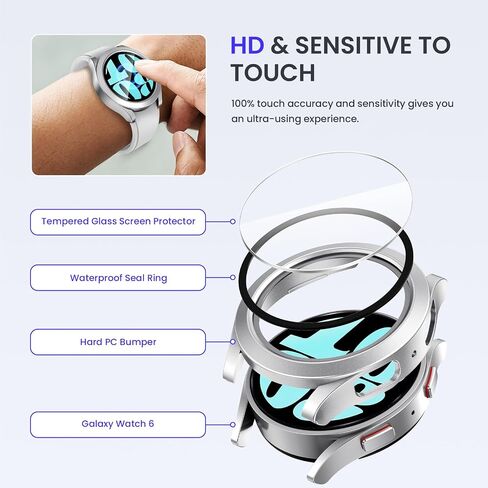 Goton Waterproof Case for Samsung Galaxy Watch 6 Screen Protector 44mm | Daily Water-resistant,No Fog,Touch-Responsive,Easy to install,1-Pack Hard PC Glass Cover in Kuwait