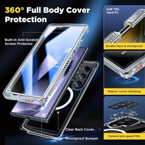 حافظة Humixx لهاتف Samsung Galaxy S24 Ultra مغناطيسية [حماية كاملة للجسم بزاوية 360 درجة] مقاومة للماء IP68 [مقاومة للصدمات بطول 15 قدمًا] عدسة مدمجة وفيلم شاشة، غطاء هاتف مقاوم للغبار 5G 6.8 بوصة - شفاف كريستالي in Kuwait