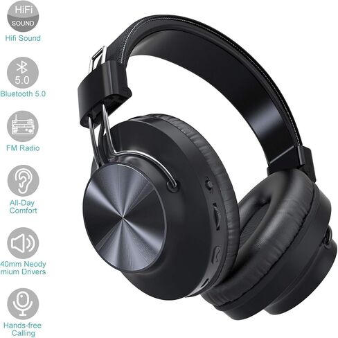 سماعات رأس لاسلكية Nia Bluetooth 5.0 فوق الأذن، بطارية 30 ساعة، راديو FM، مشغل MP3، Micro SD/TF مع مشغلات صوت عميق 40 مم، سماعة رأس مدمجة بميكروفون ممتاز، قابلة للطي، مريحة، القص in Kuwait