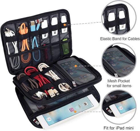 BUBM Double Layer Electronic Accessories Organizer, Travel Gadget Bag for Cables, USB Flash Drive, Plug and More, Perfect Size Fits for iPad Mini (Medium, Black) in Saudi Arabia