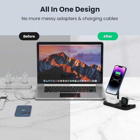 3 in 1 Wireless Charging Station for Apple Devices, MagSafe Charger Stand with 30W Adapter, Wireless Charger for iPhone 15/14/13/12 Series, Apple Watch Series 1-9 and AirPods (Black) in Saudi Arabia